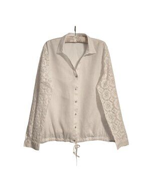 J. Jill Love Linen White Button Front Lace Sleeves Drawstring Waist Blouse Size